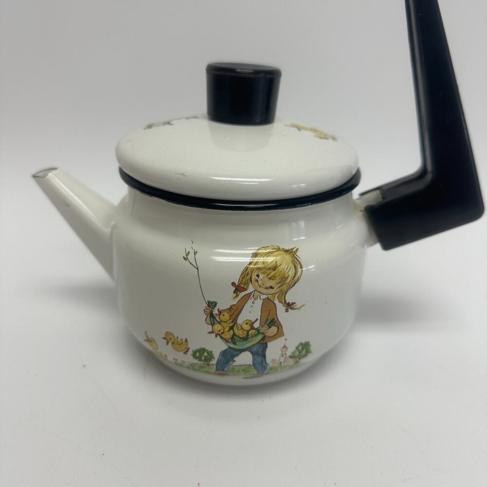 Cute Enamelware Vintage Child's Kettle Girl Ducks White & Black
